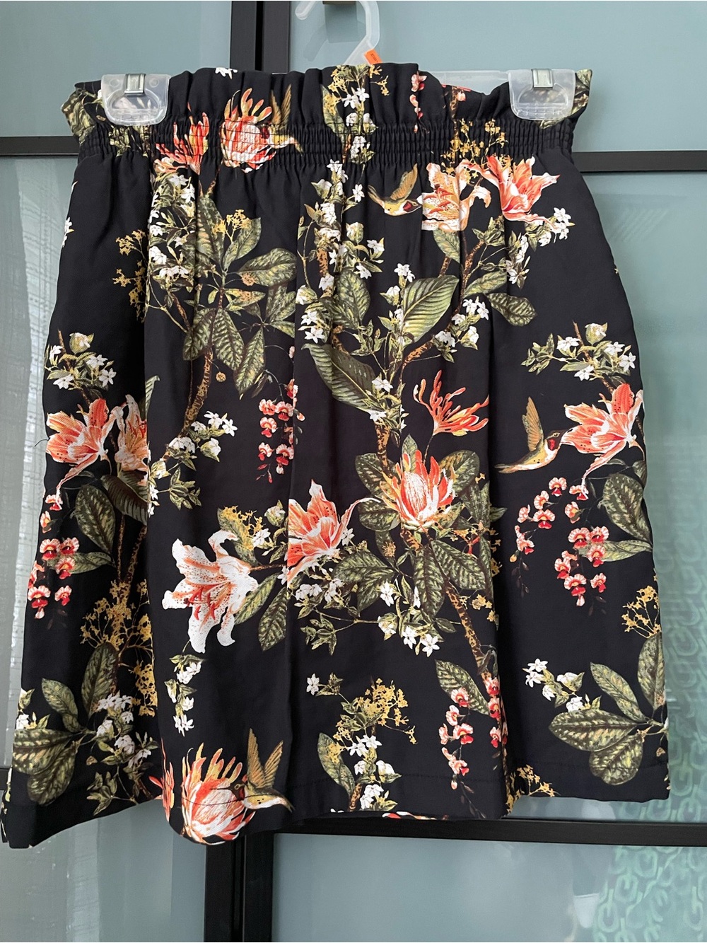 H&M Black mini Skirt with Orange Floral & Green Leaf Print